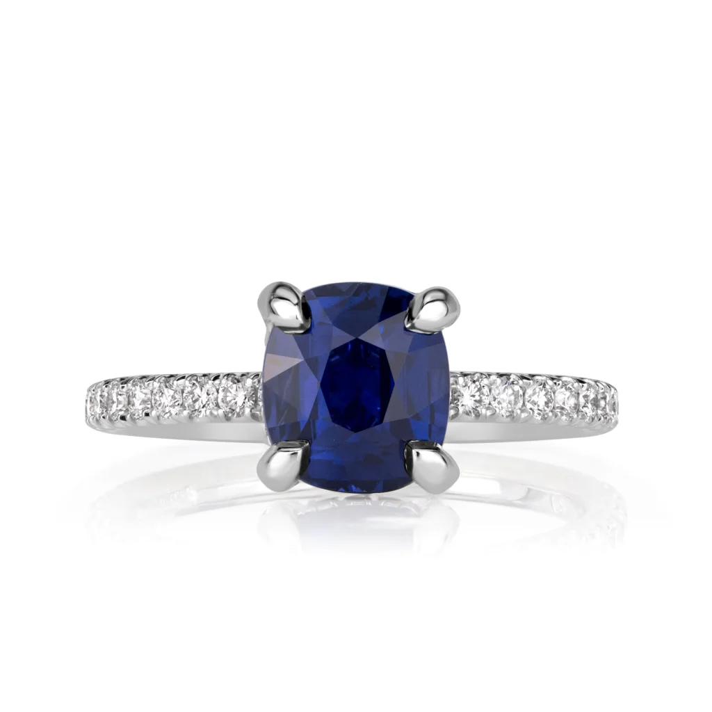 2.66 Carat Blue Sapphire Cushion Diamond Engagement Ring in 18K White Gold – VS, F/G/H Color
