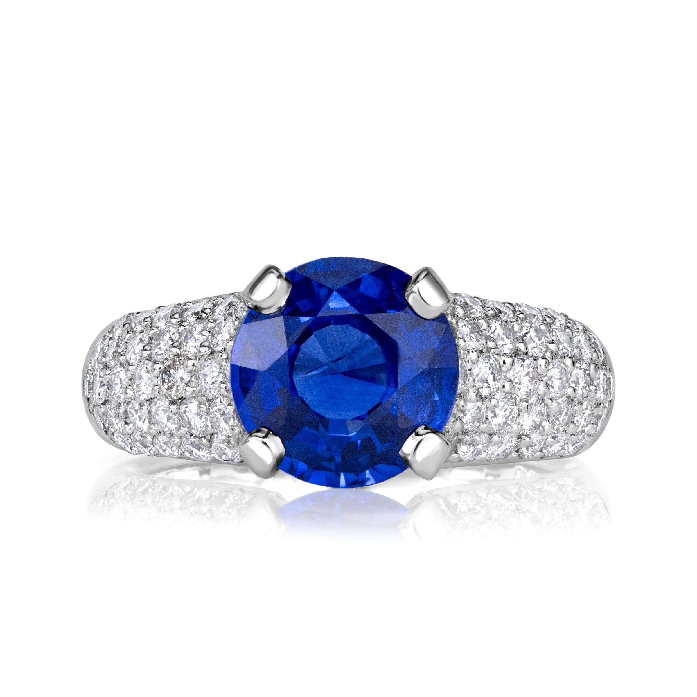 14-000-4-22ct-round-brilliant-cut-blue-sapphire-engagement-ring-front-view-primary.jpg 4.22 Carat Round Brilliant Diamond Ring | Royal Blue Sapphire | 14K White Gold | Quiet Power - Image 1