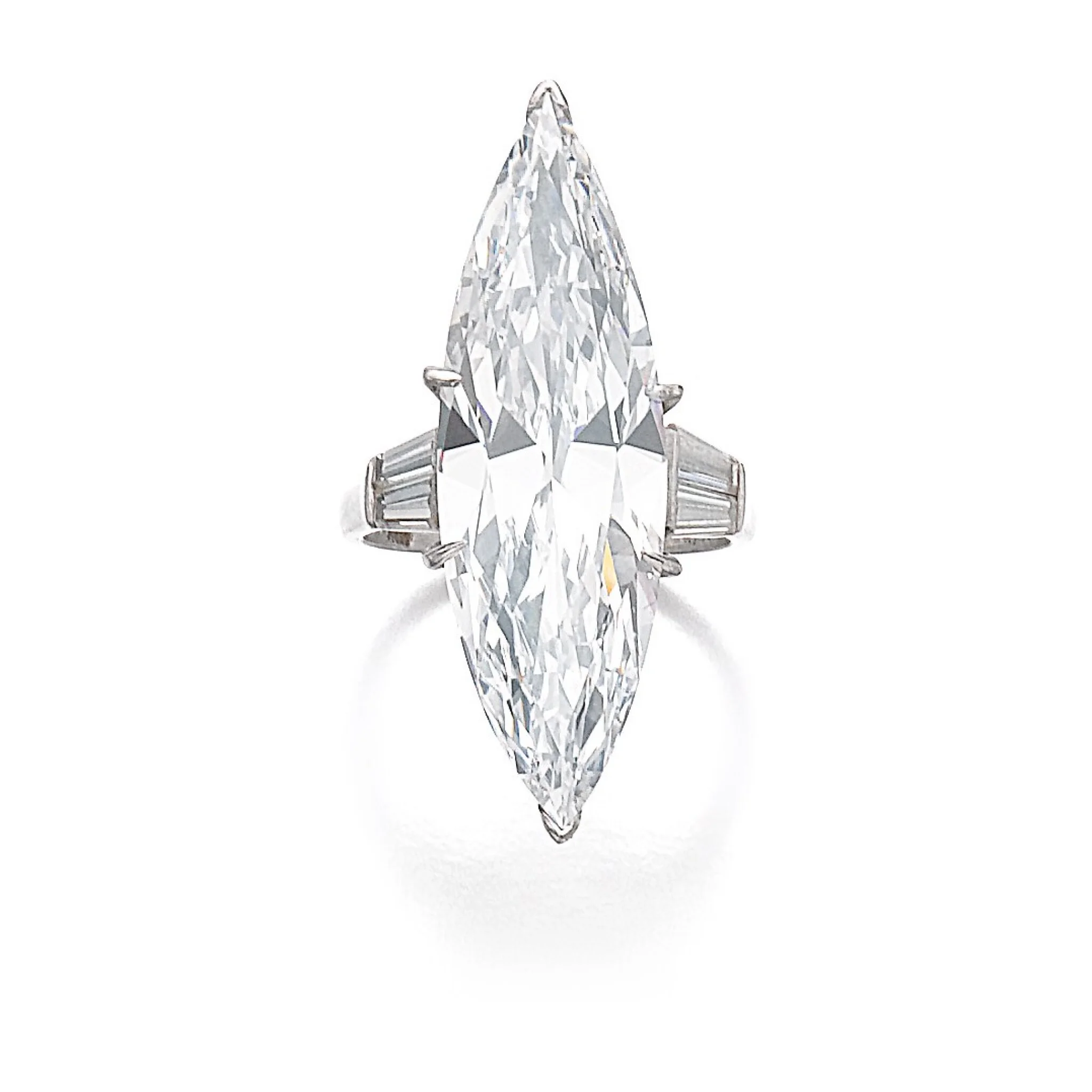 15 carat marquise cut diamond ring, D colour flawless, on white
