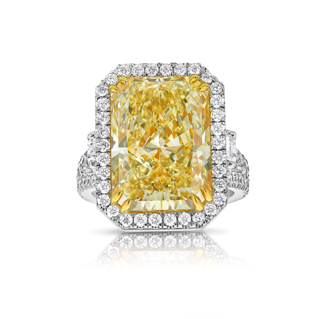 175000-10ct-light-yellow-elongated-radiant-yellow-diamond-halo-statement-ring-front-view-primary.jpg 10 Carat Radiant Halo Diamond Ring | Fancy Yellow | 14K White Gold - Image 1
