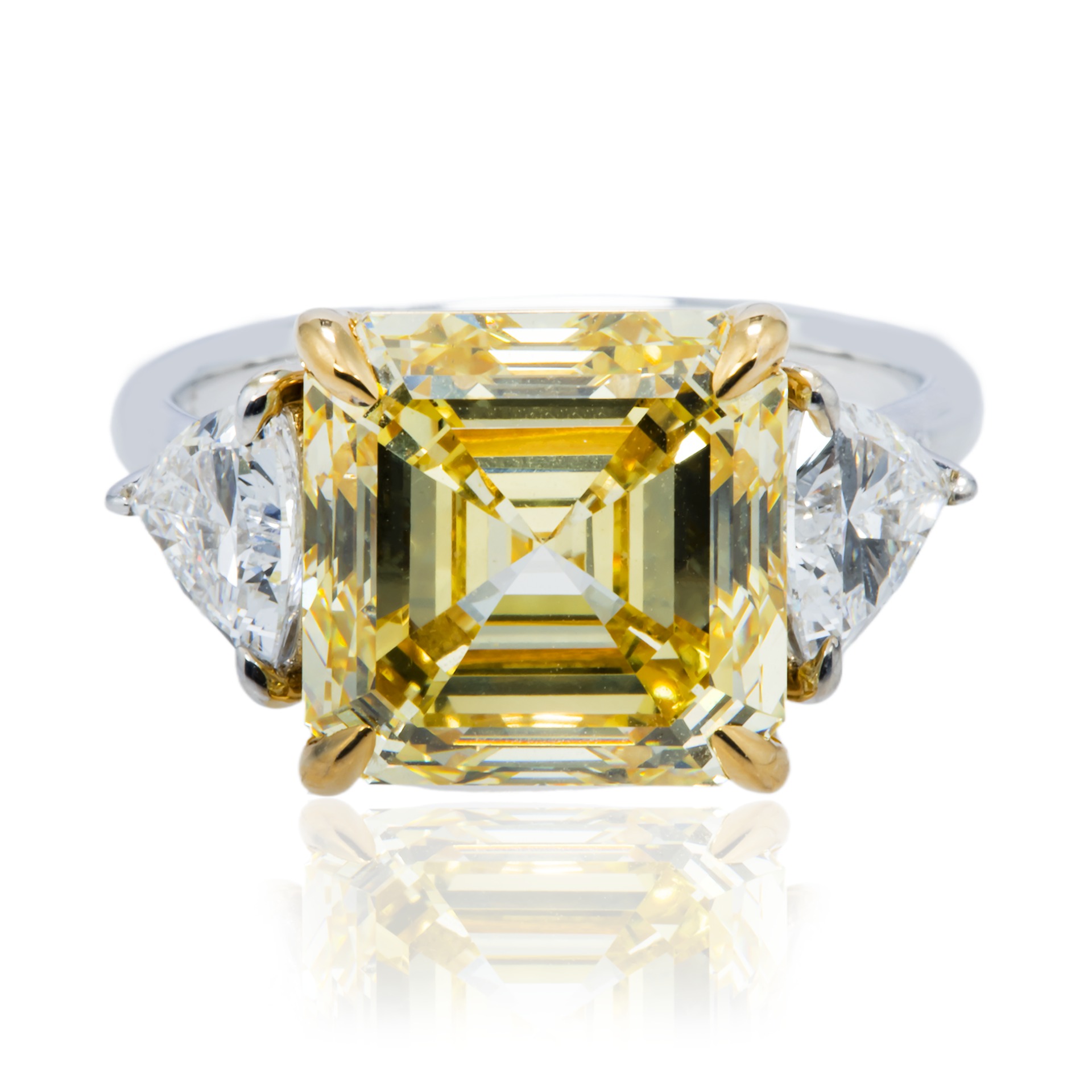 18k-two-tone-7-52ct-asscher-cut-fancy-yellow-diamond-ring-8-77ctw-165000-front-view-primary.jpg 7.52 Carat Asscher Statement | Fancy Yellow | 18K White Gold | Rare Fancy-Color Splendour - Image 1