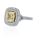 2 Carat Cushion Halo Diamond Ring | Fancy Yellow | 14K White Gold