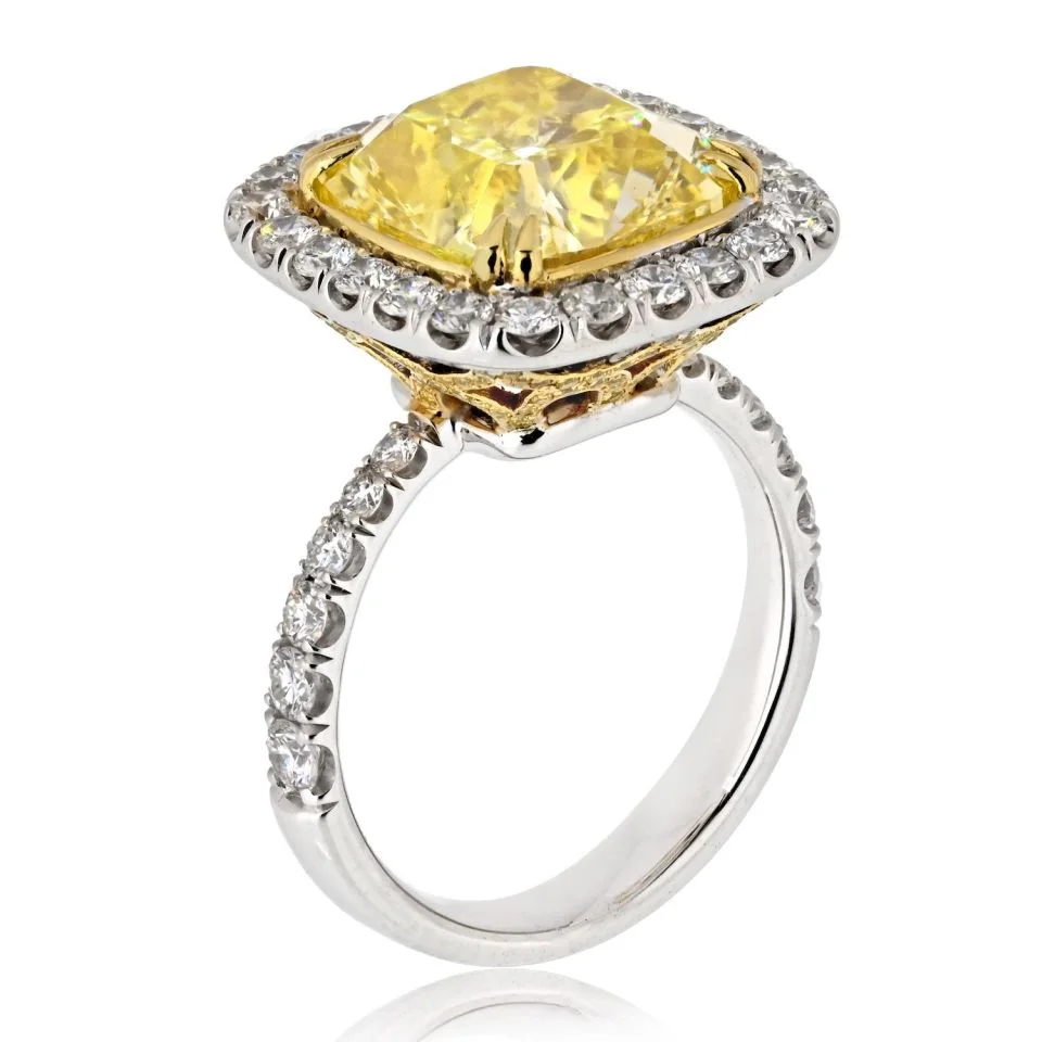10 Carat Cushion Halo Diamond Ring | Fancy Yellow | 14K White Gold | Sunlit Royal Radiance