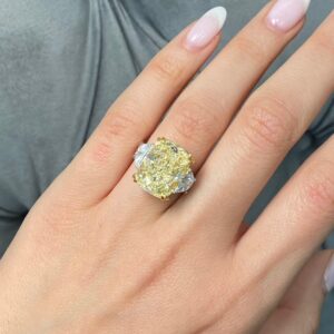 10 Carat Cushion Diamond Ring | Fancy Yellow | 14K White Gold | Sunlit Royal Radiance