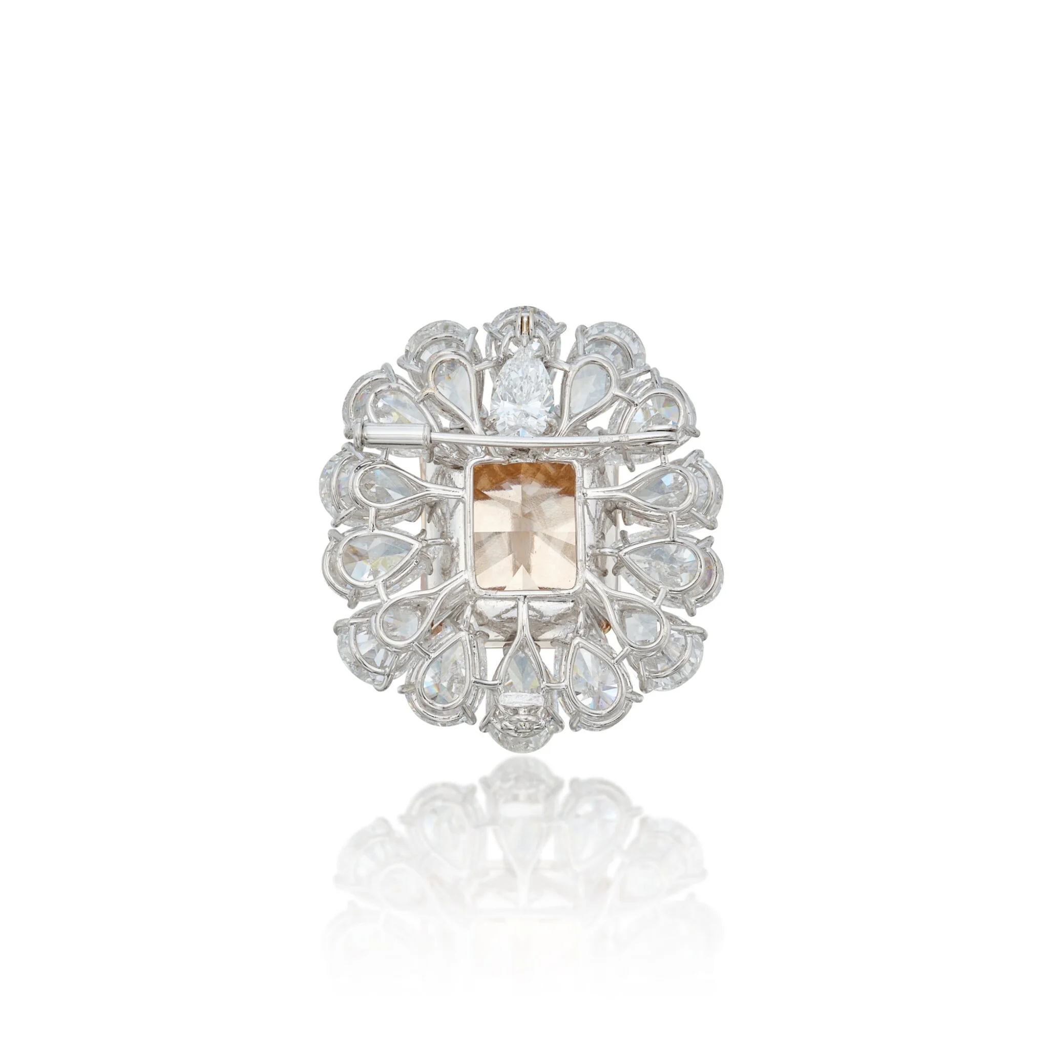 20 Carat Emerald Cut Champagne Brooch | 14K White Gold