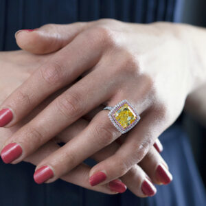 10.27 Carat Cushion Halo Diamond Ring | Fancy Yellow | 14K White Gold