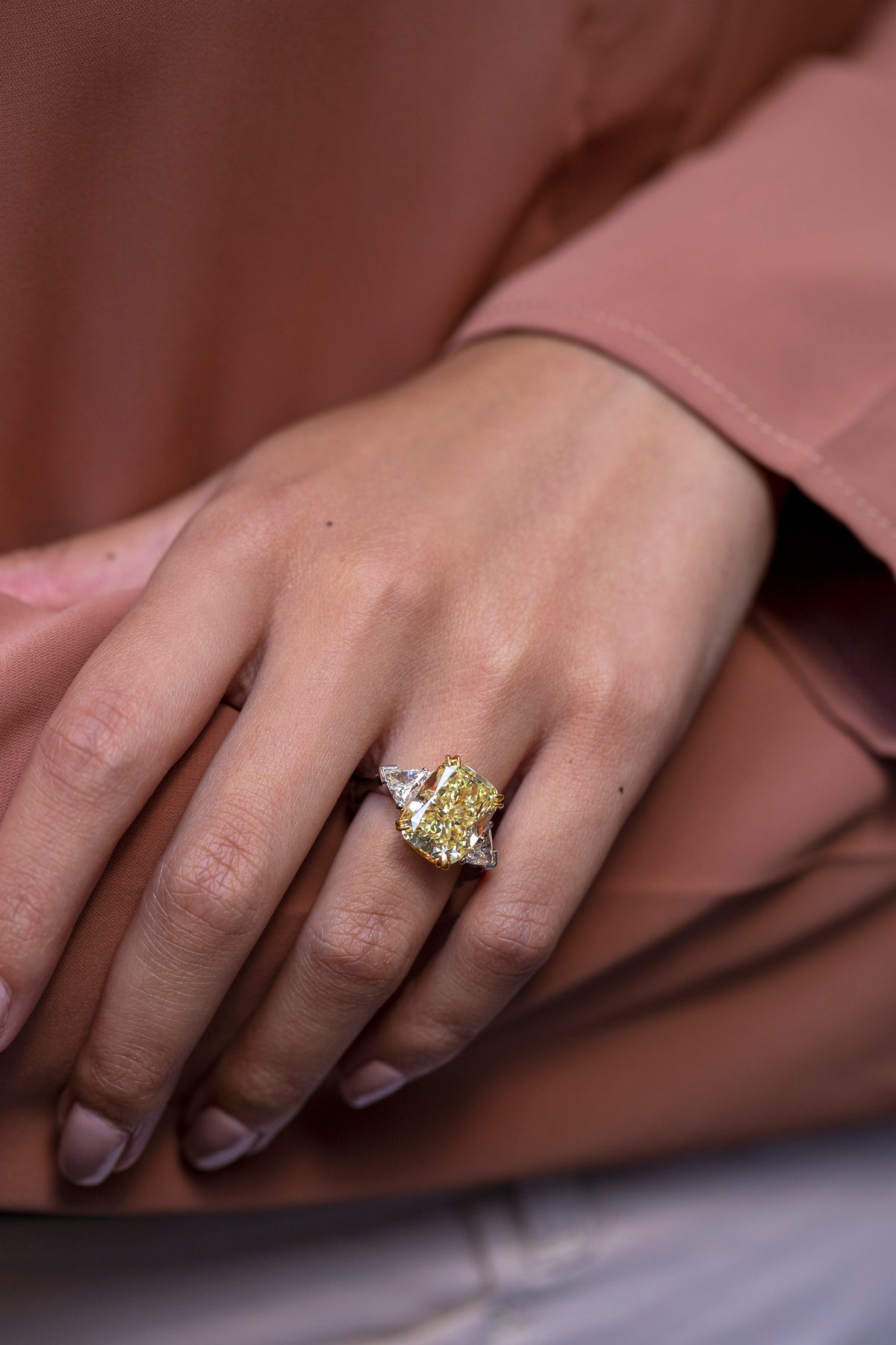 275000-gia-certified-10-11-carats-cushion-cut-yellow-diamond-three-stone-engagement-ring-in-platinum-front-view-primary.jpg 10.11 Carat Cushion Diamond Ring | Fancy Yellow | 18K Gold | Rare Fancy-Color Splendour - Image 1