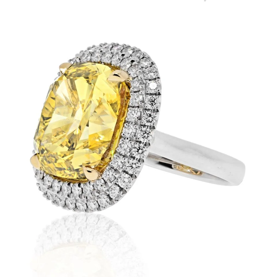 21 Carat Cushion Halo Diamond Ring | Fancy Yellow | VVS1 | 14K White Gold