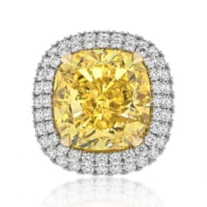 21 Carat Cushion Halo Diamond Ring | Fancy Yellow | VVS1 | 14K White Gold