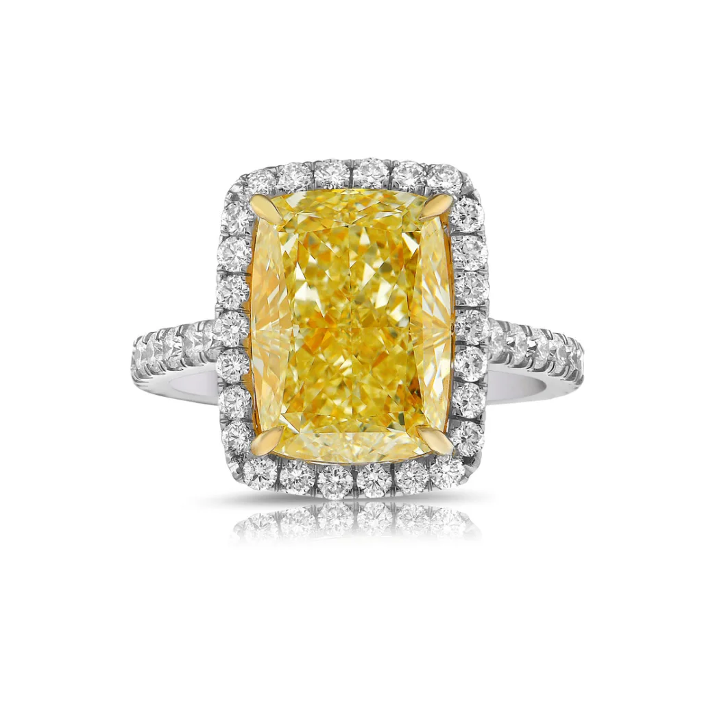 3 Carat Cushion Halo Diamond Ring | Fancy Yellow | 14K White Gold