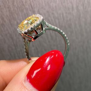3 Carat Cushion Halo Diamond Ring | Fancy Yellow | 14K White Gold
