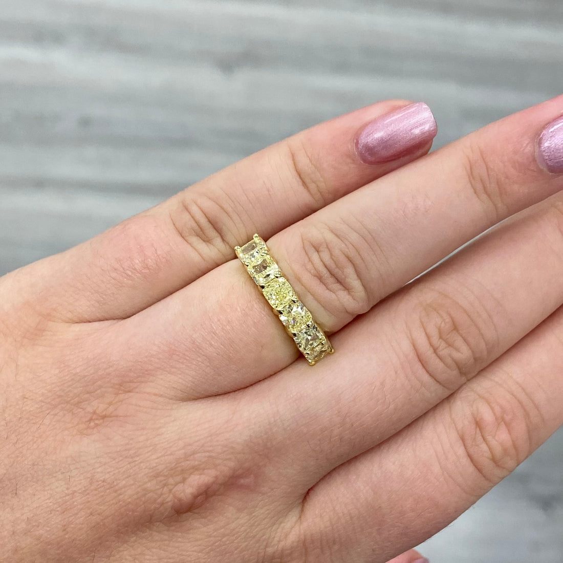 5999-fancy-yellow-diamond-half-eternity-band-front-view-primary.jpeg Round Brilliant Eternity Band | Fancy Yellow | 14K White Gold | Colour-Collector’s Treasure - Image 1