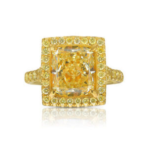 3.32 Carat Cushion Halo Diamond Ring | Fancy Yellow | 14K White Gold