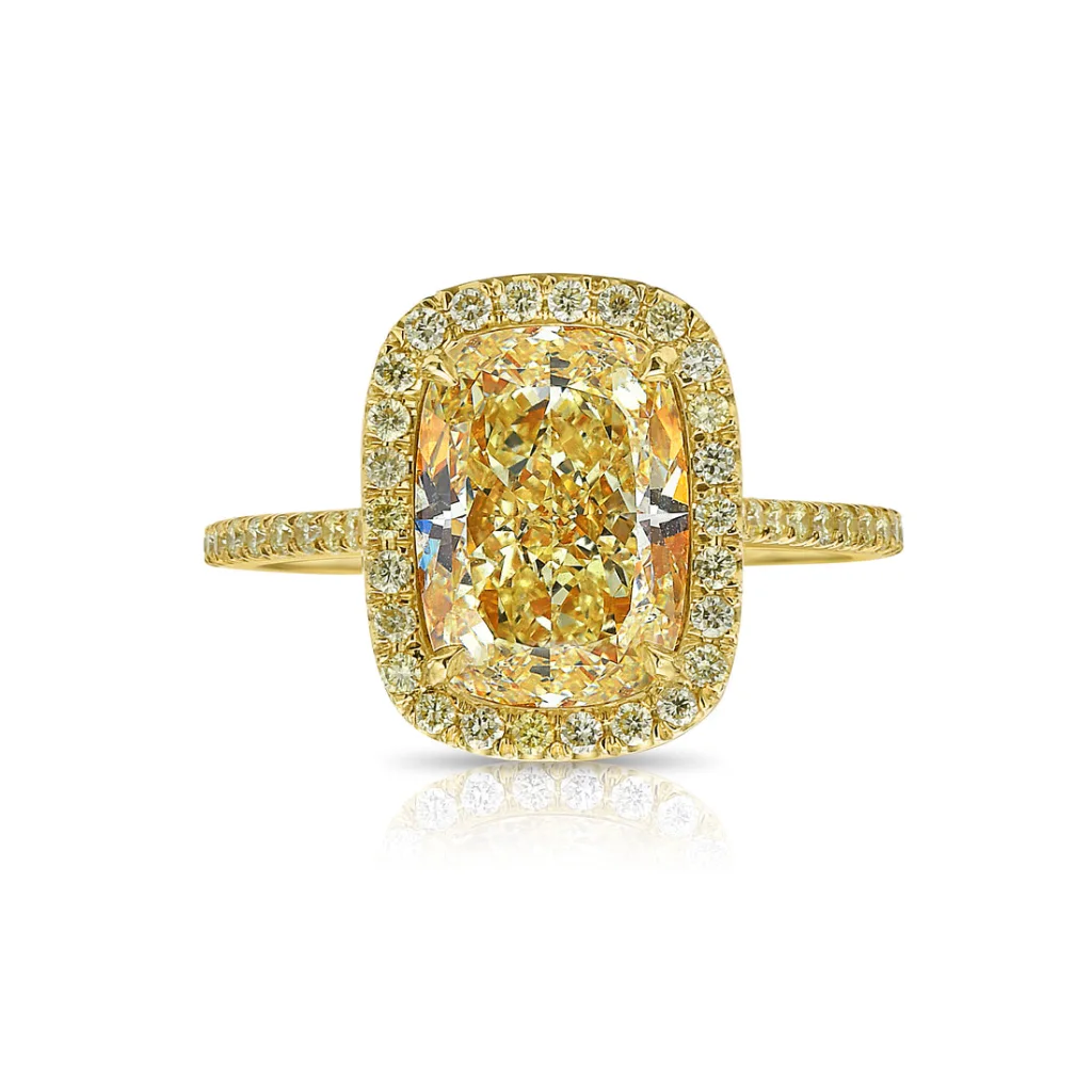 3 Carat Cushion Halo Diamond Ring | Fancy Yellow | 14K White Gold
