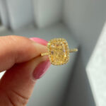 3 Carat Cushion Halo Diamond Ring | Fancy Yellow | 14K White Gold