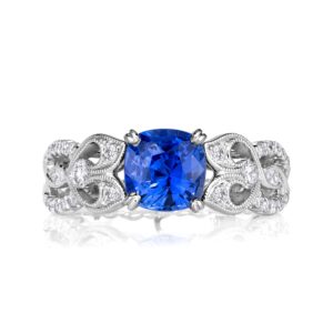 2 Carat Cushion Diamond Ring | Royal Blue Sapphire | 14K White Gold | Modern Nobility
