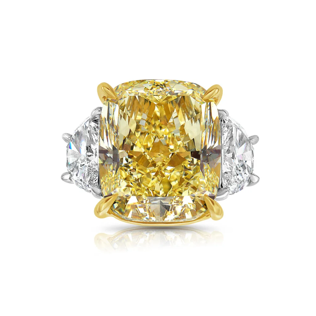 5 Carat Cushion Halo Diamond Ring | Fancy Yellow | 14K White Gold