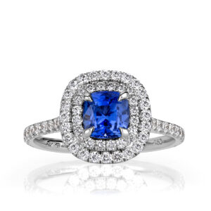 1.8 Carat Cushion Diamond Ring | Royal Blue Sapphire | 14K White Gold | Refined Light