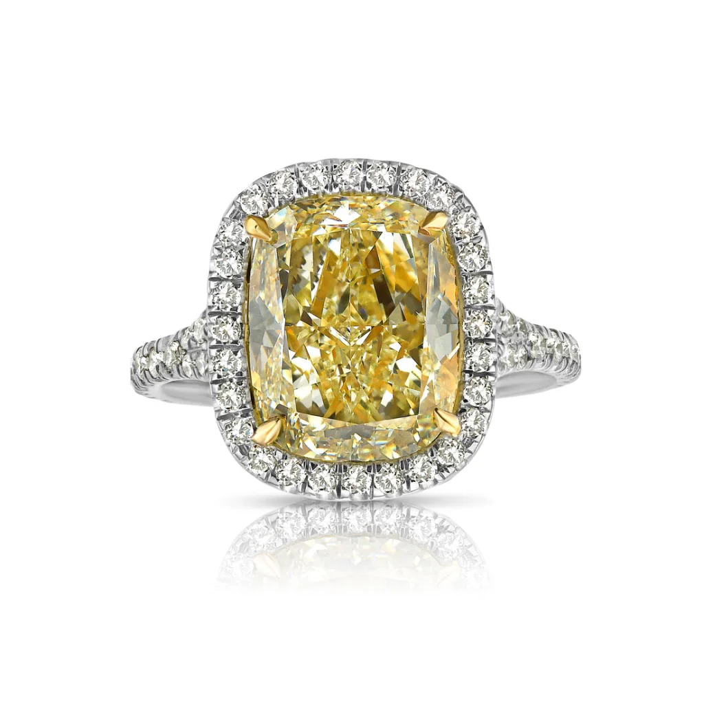 4.7 Carat Cushion Halo Diamond Ring | Fancy Yellow | 14K White Gold