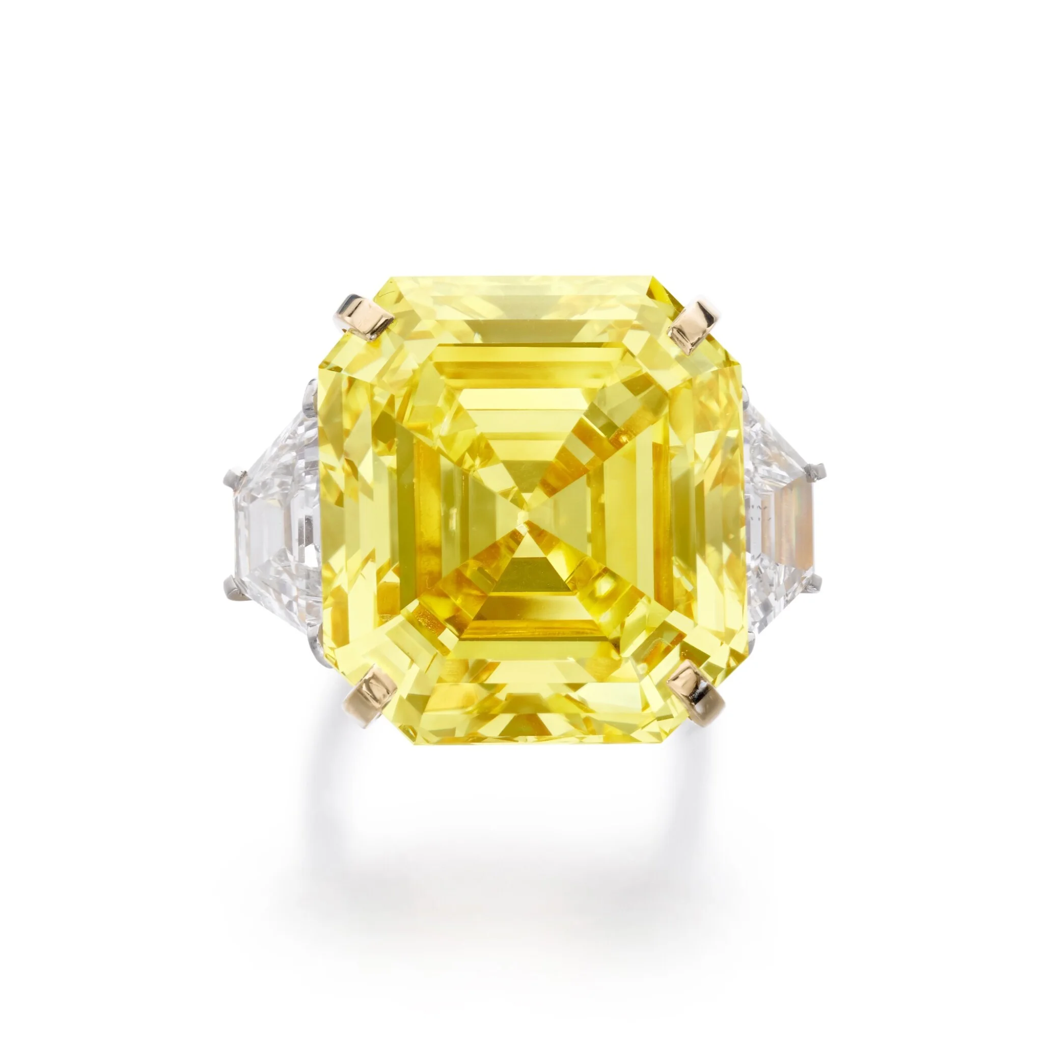20 carat step cut fancy vivid yellow diamond ring in white gold