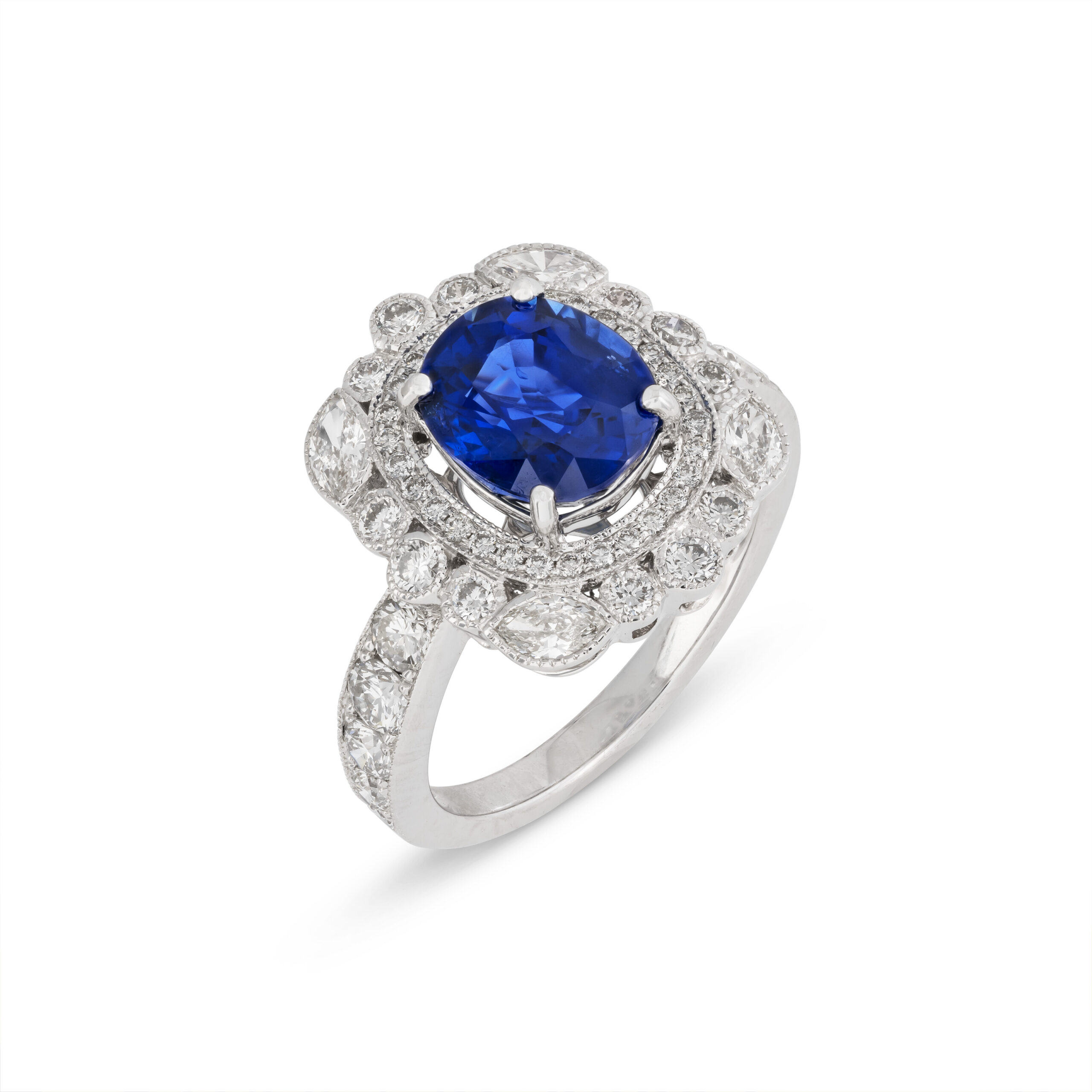 sapphire-and-diamond-ring-20-000-front-view-primary.jpg Round Brilliant Statement | Royal Blue Sapphire | 14K White Gold | Graceful Brilliance - Image 1