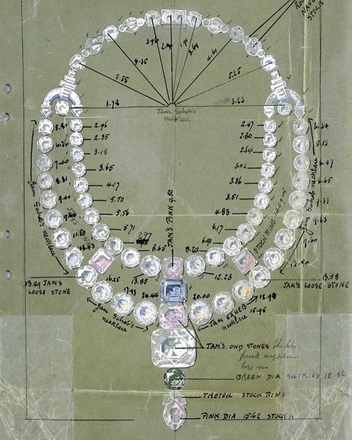 Historic Jam Saheb large carat diamond necklace design schematic with individual stone weights annotated – 20ct blue centre stone