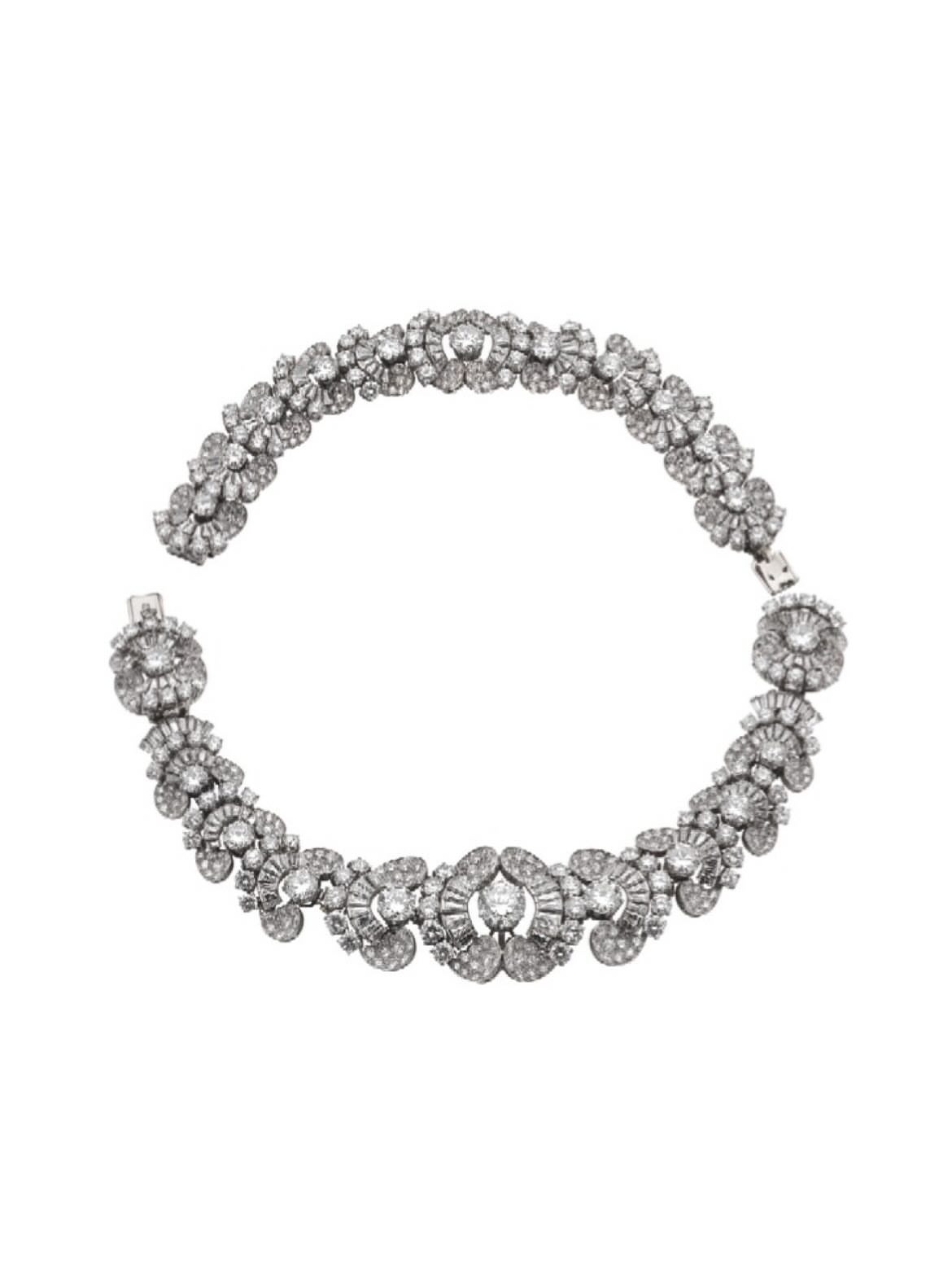 Large carat diamond cluster bracelet in platinum with round brilliant and baguette diamonds in floral motifs