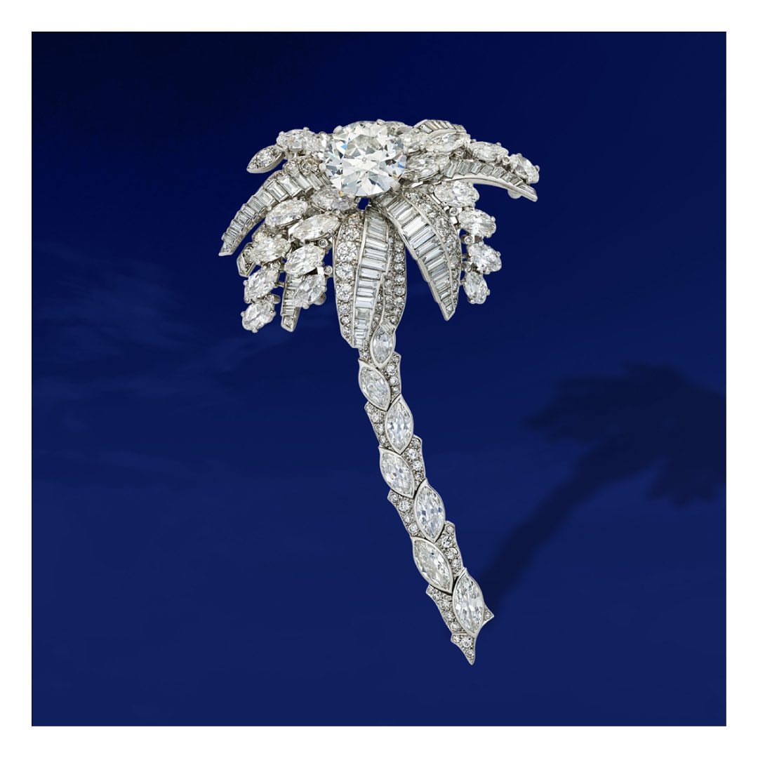 Platinum diamond palm tree brooch with large carat round brilliant centre, marquise and baguette diamonds