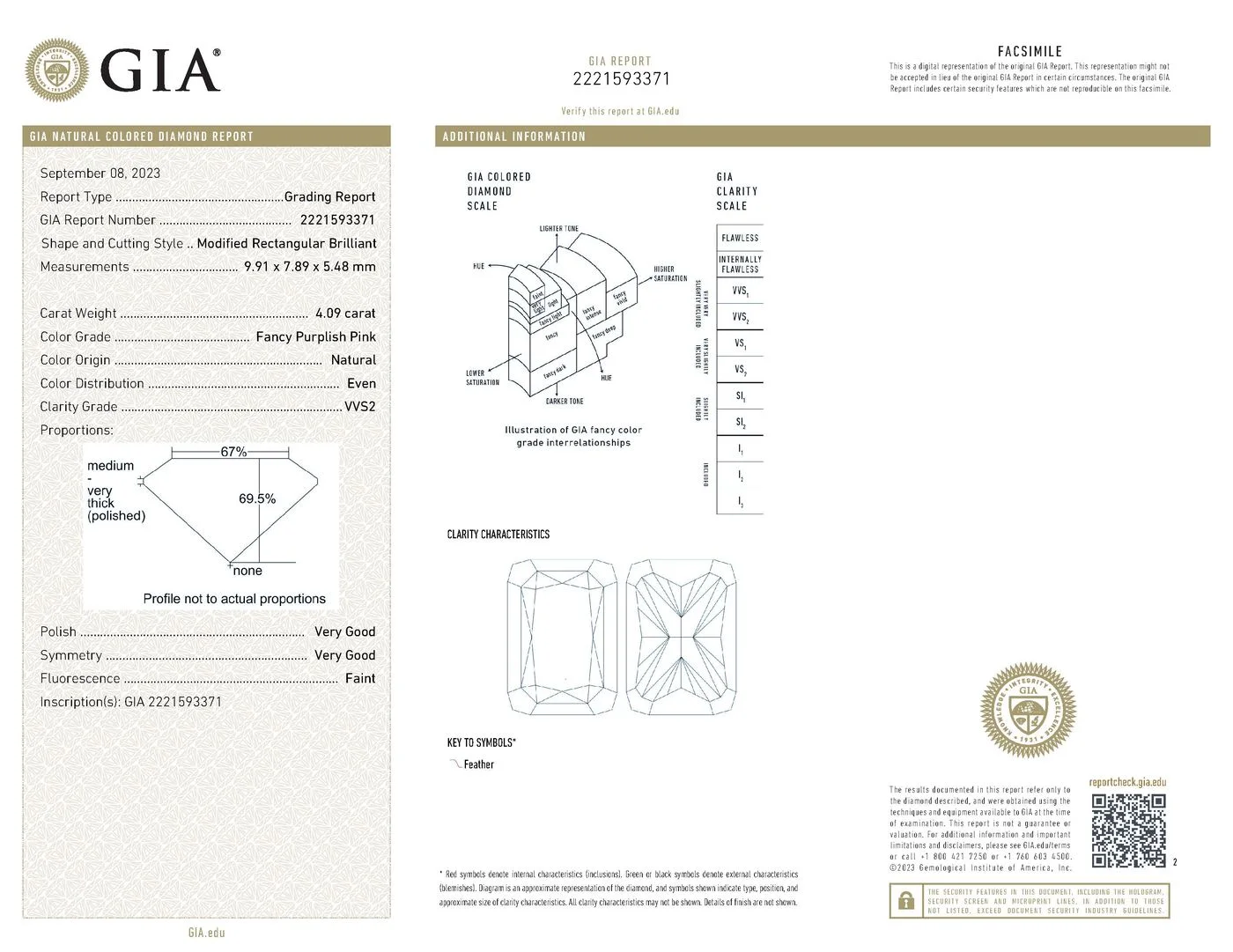 GIA certificate for a 4.09 carat fancy purplish pink radiant diamond