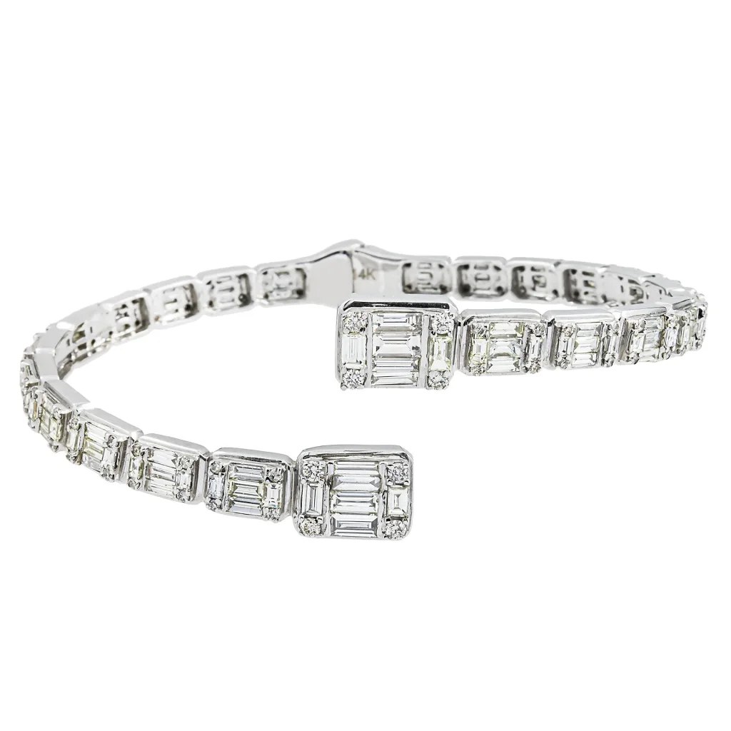 14K White Gold Baguette & Round Diamond Bangle Bracelet 5.50ct