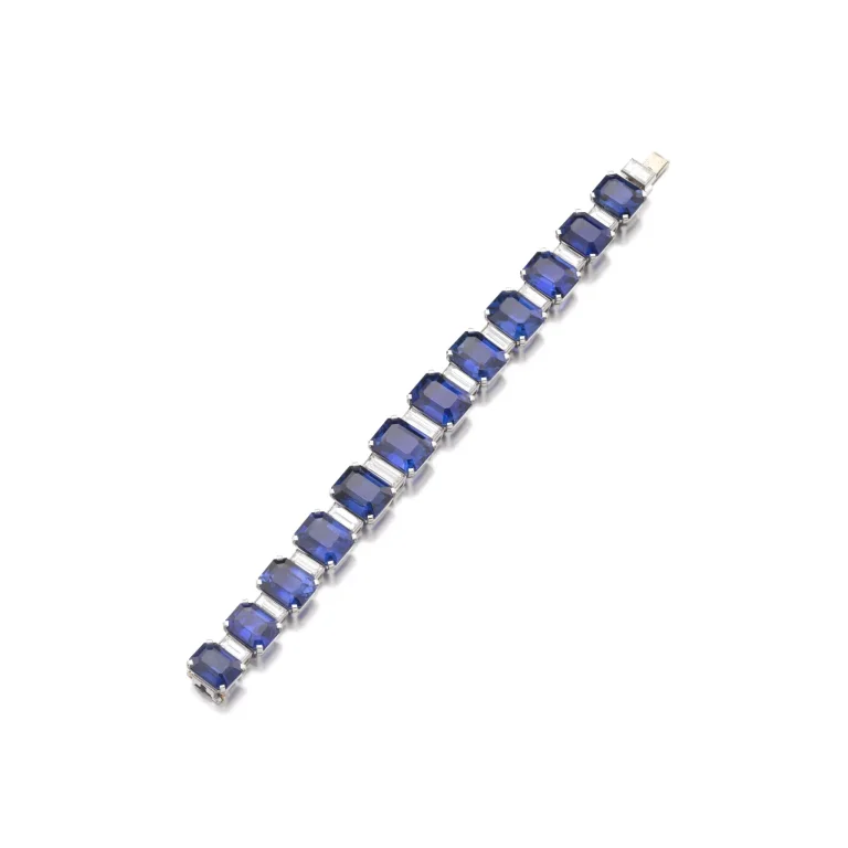 60 Carats Sapphire and Diamond Bracelet | Set with Step-cut Sapphires Alternating with Baguette Diamonds, Length Approxi