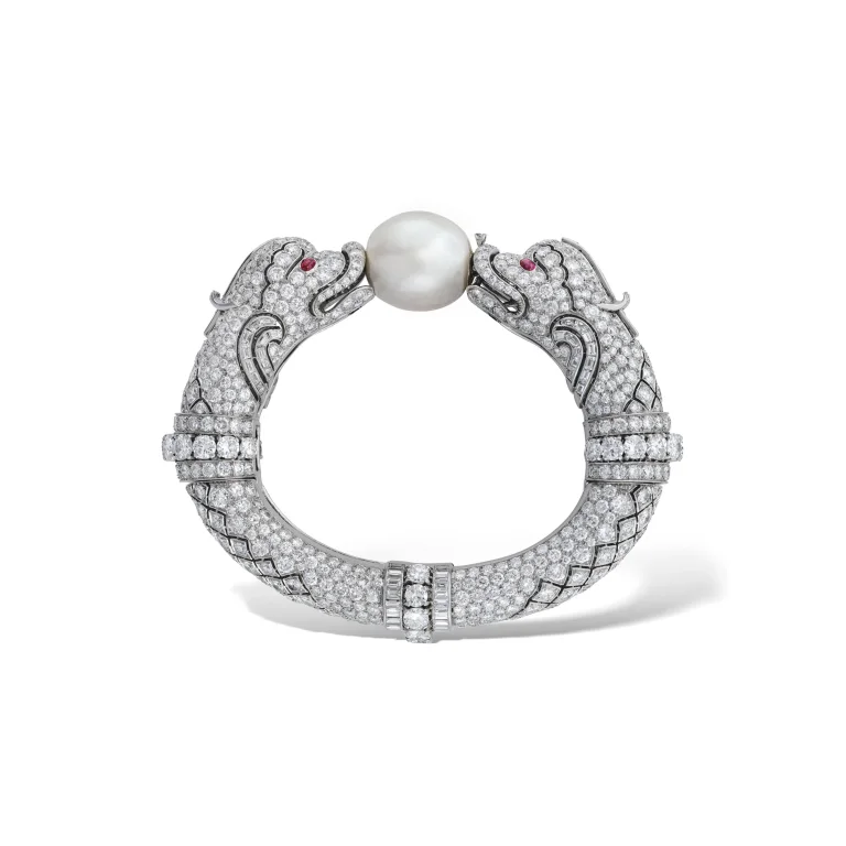 Art Deco Natural Pearl, Ruby and Diamond ‘chimera’ Bangle Natural Pearl Measuring Approximately 16.75 - 15.90 X 17.40 Mm