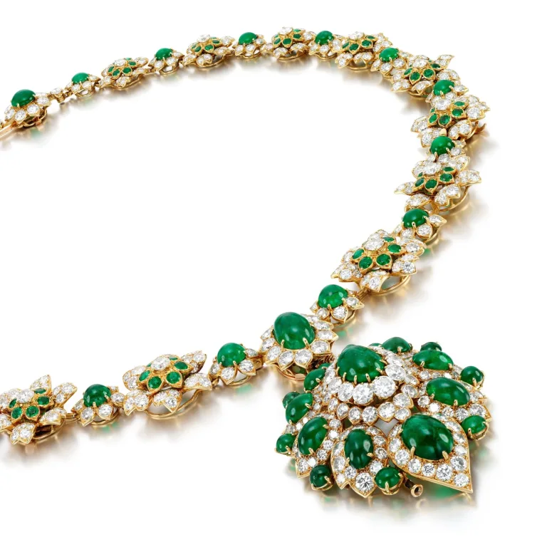 Emerald and Diamond Pendant Bracelet Brooch Combination Designed As a Necklace Composed of a Line of Emerald Cabochons F