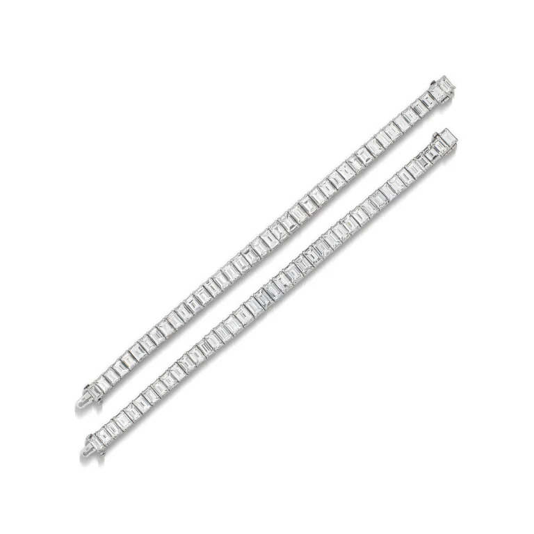 Mid-20th Century Pair of Diamond Bracelets Necklace Rectangular-shaped Diamonds, Platinum and 18K White Gold, the Bracel