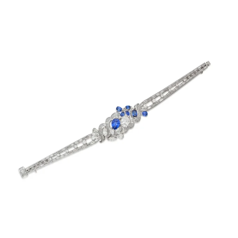 Sapphire and Diamond Bracelet | Designed with a Scroll Motif Centerpiece and Tapering Sides, Set with Pear- and Marquise