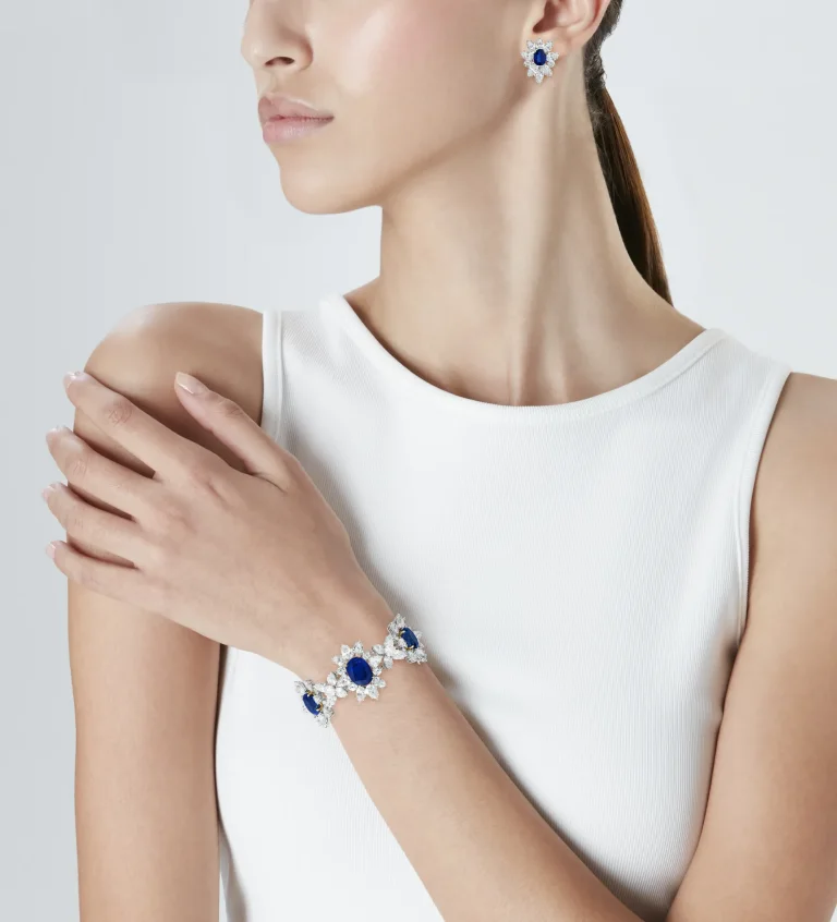 Sapphire Diamond Earring Bracelet Set Platinum Gold