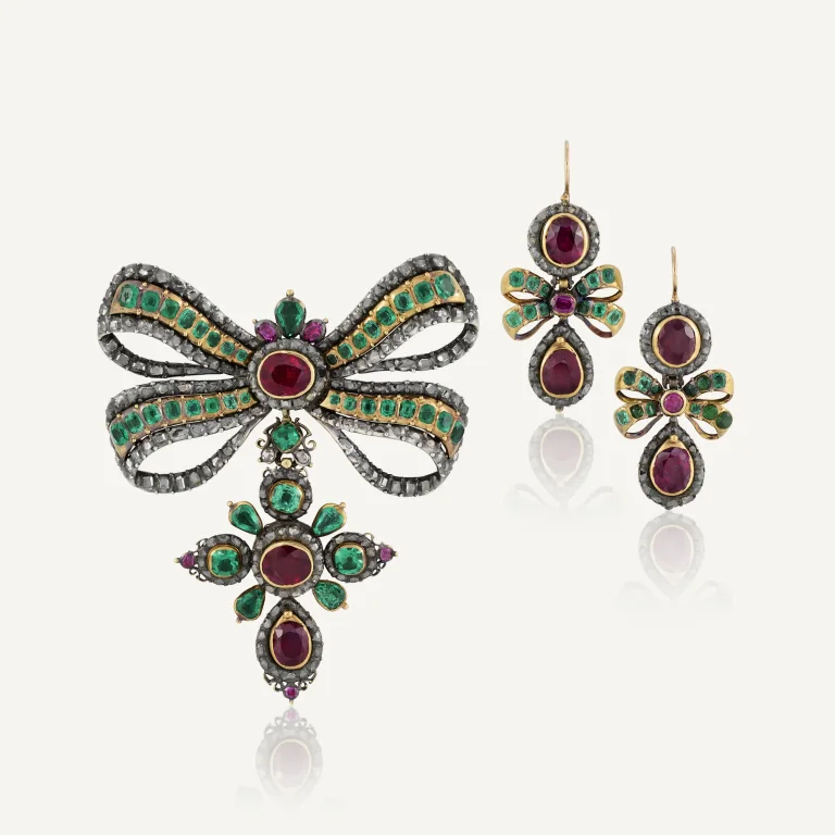 Antique Ruby, Emerald and Diamond Brooch and Earring Set