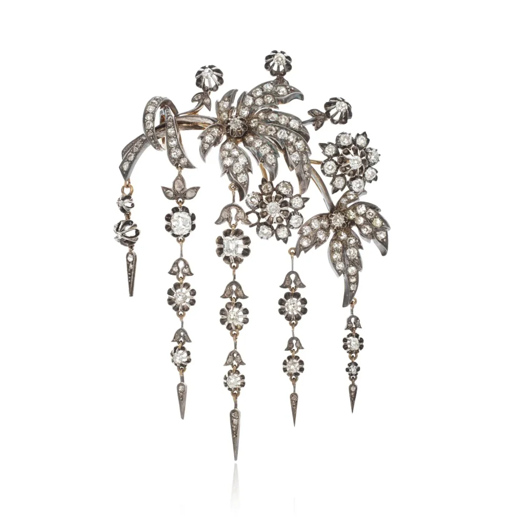 Diamond Brooch, | Designed As a Floral and Foliate Spray Set with Old Cushion-shaped Diamonds, Accented by Rose Diamonds