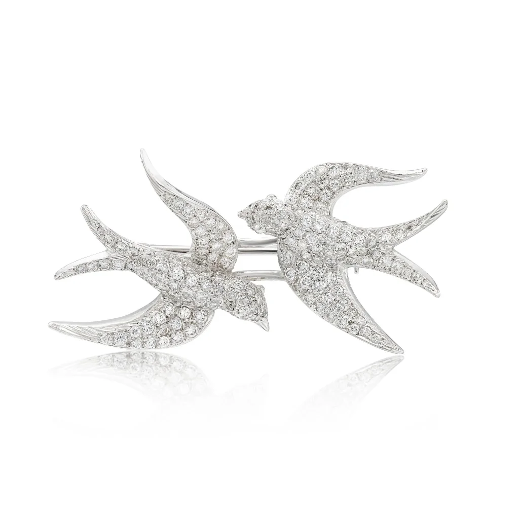 Diamond Brooch | Designed As Two Flying Swallows, Decorated with Brilliant-cut Diamonds