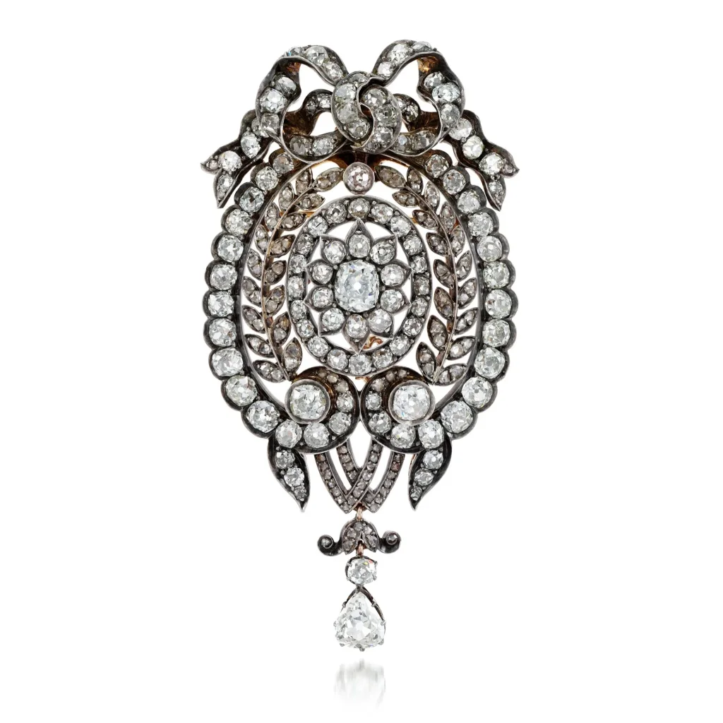Diamond Brooch Pendant | of Ribbon, Floral and Laurel Leaf Design, Set with Cushion-shaped, Rose- and Circular-cut Diamo