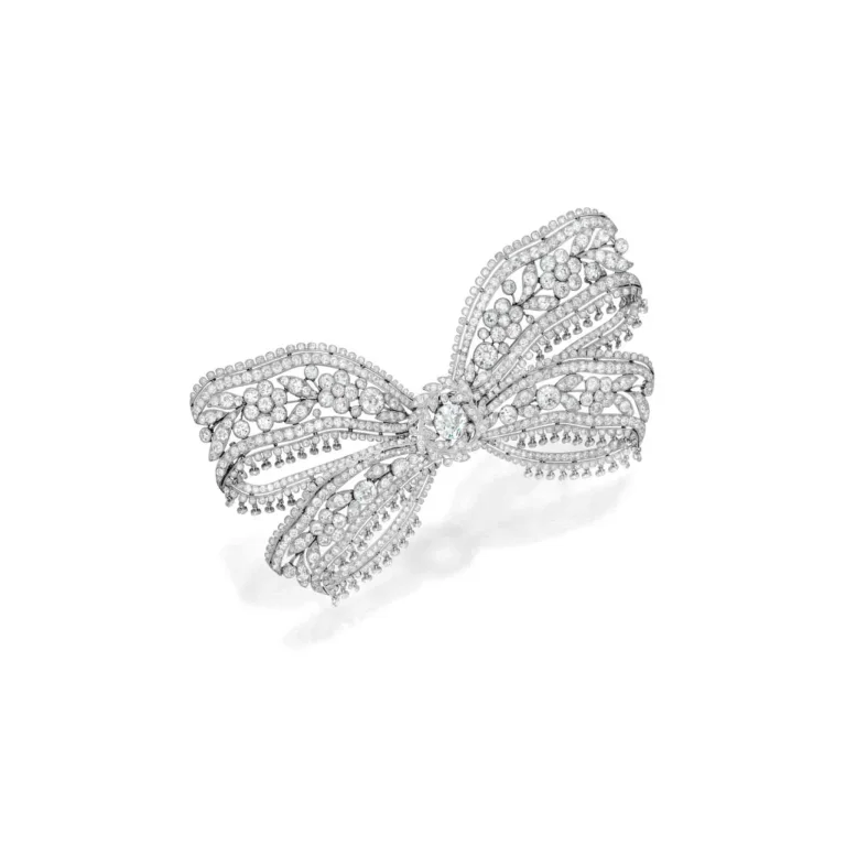 Diamond Brooch [鑽石別針] the Openwork Bow of Fringed, Articulated Design Featuring Floral and Garland Motifs, Set with Nume
