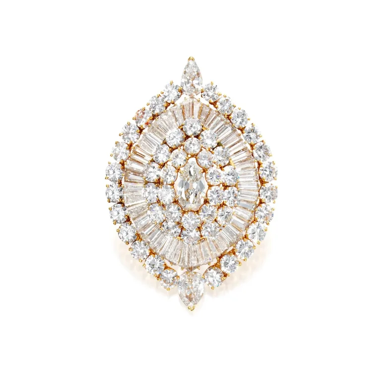Diamond Pendant-brooch Centering a Pear-shaped Diamond, Framed and Accented by Round, Baguette and Pear-shaped Diamonds