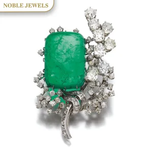 Emerald and Diamond Brooch | Claw-set with a Cushion-shaped Cabochon Emerald Weighing 62.92 Carats, Embellished with Cus