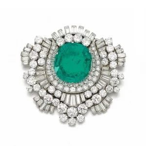 Emerald and Diamond Brooch | Claw-set with a Cushion-shaped Emerald Weighing 13.66 Carats, Surrounded by Brilliant-cut a