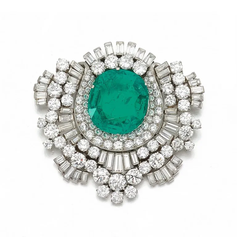 Emerald and Diamond Brooch | Claw-set with a Cushion-shaped Emerald Weighing 13.66 Carats, Surrounded by Brilliant-cut a