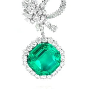 Emerald and Diamond Brooch Pendant 50 Carat Emerald Piece Centre