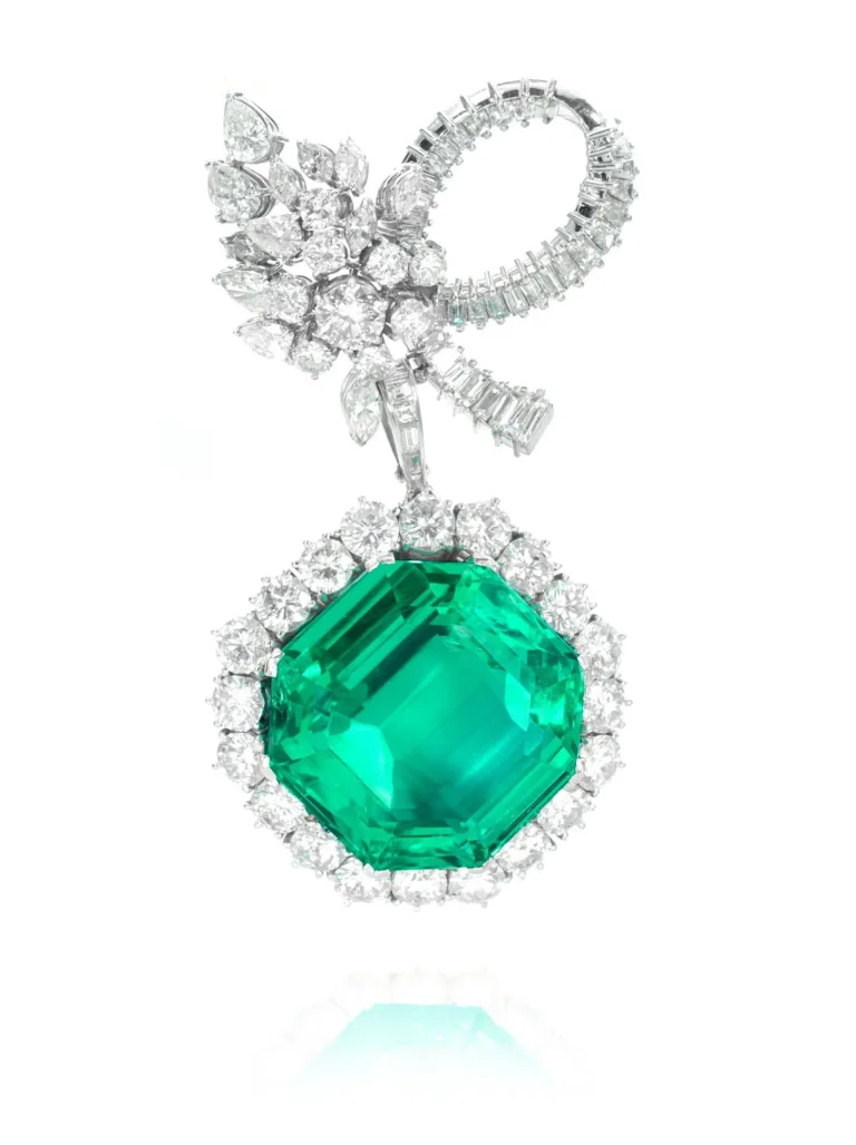 Emerald and Diamond Brooch Pendant 50 Carat Emerald Piece Centre