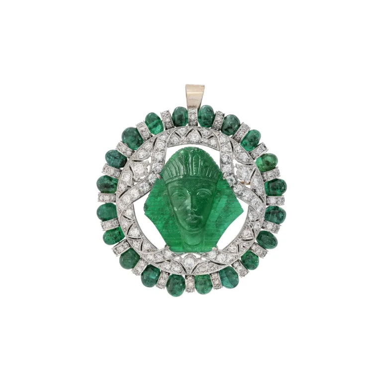 Emerald and Diamond Egyptian Style Pendant Brooch Carved Emerald and Emerald Beads, Old-cut and Round Diamonds, Platinum