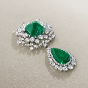 Emerald and Diamond Pendent Brooch Buff-top Emerald of 43.55 Carats and Pear-shaped Emerald of 24.84 Carats, Pear, Marqu — view 3