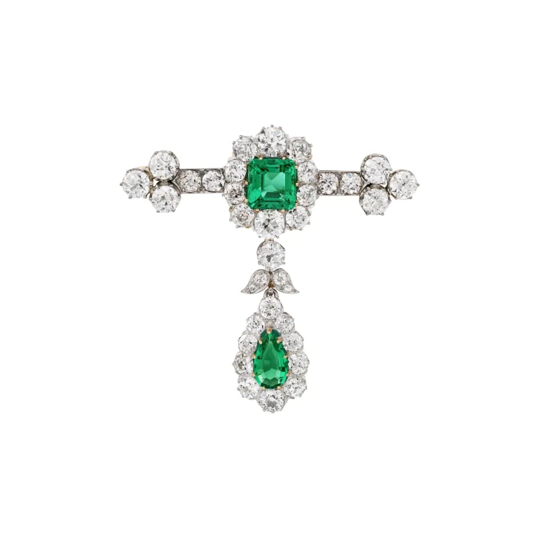 Late 19th Century Emerald and Diamond Brooch Pendant Octagonal and Pear-shaped Emeralds of 3.97 and 1.20 Carats, Old-cut